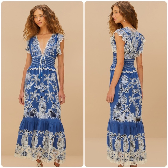 Farm Rio Blue Romantic Richelieu Maxi Dress - Picture 3 of 15
